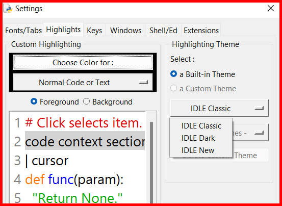 Picture showing the Highlights tab of the settings screen  to select the built in themes